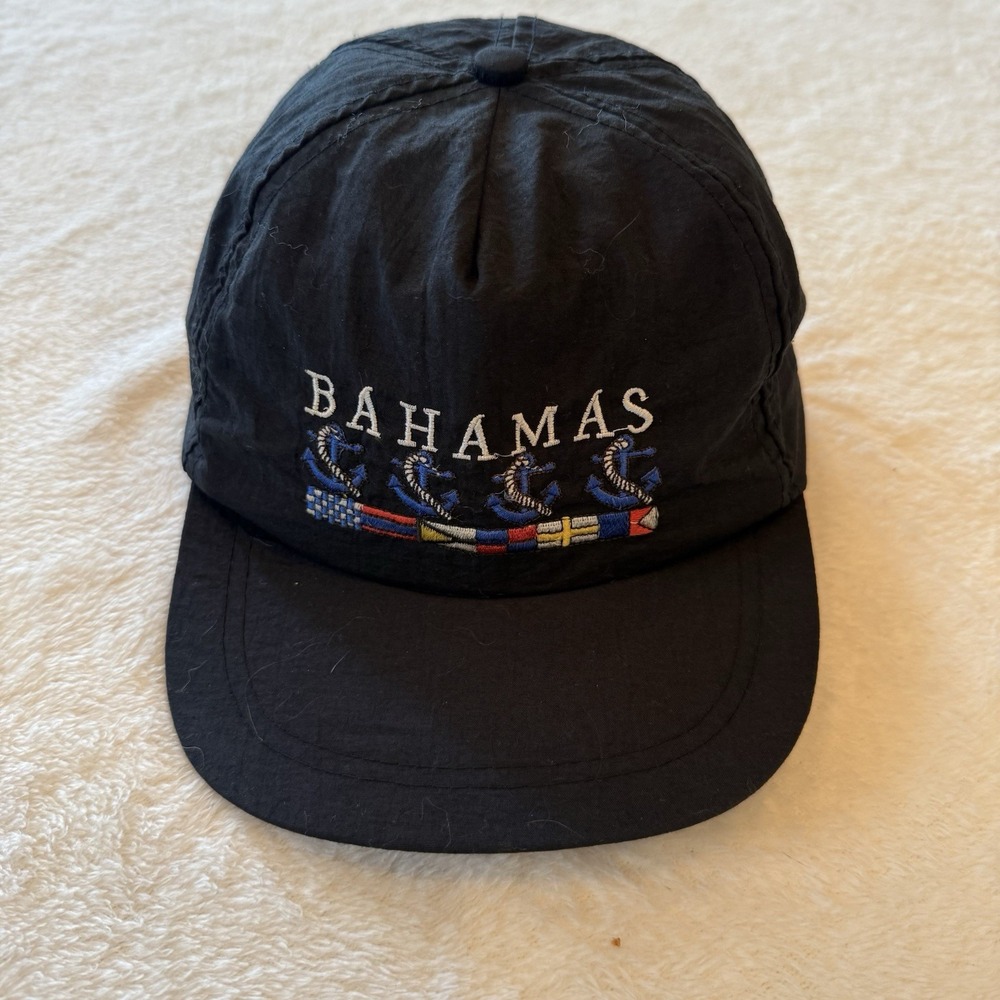 VINTAGE Bahamas Hat Cap Snap Back Blue Nylon Sailing Flag Anchor Nautical 90s